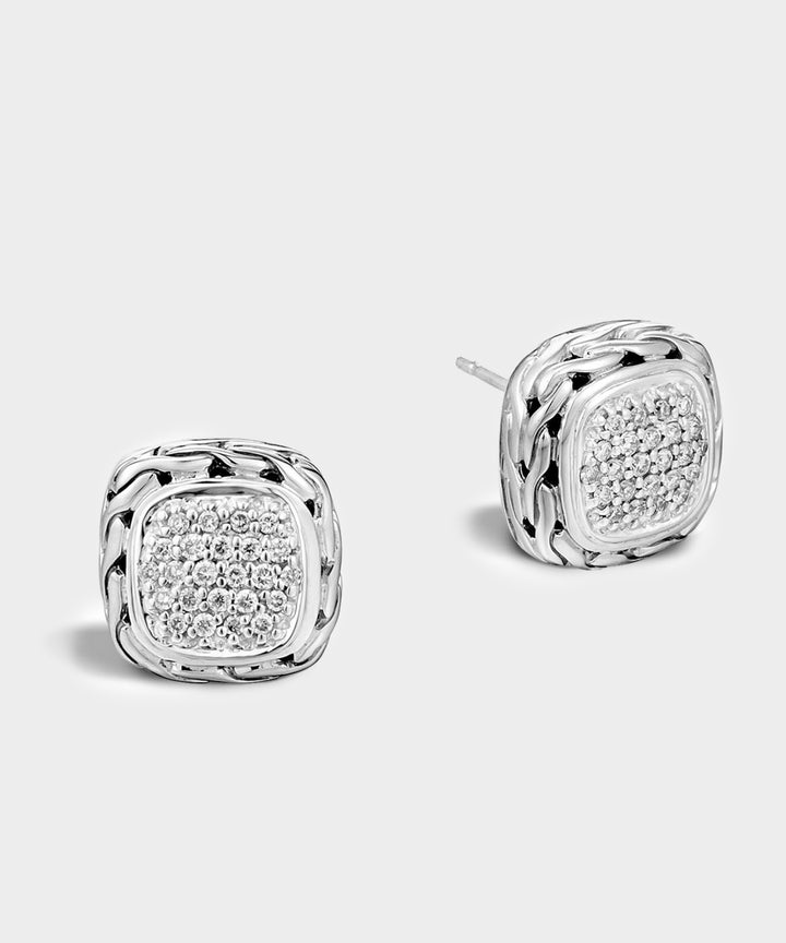 John Hardy Sterling Silver Carved Chain Stud Earring with Diamonds