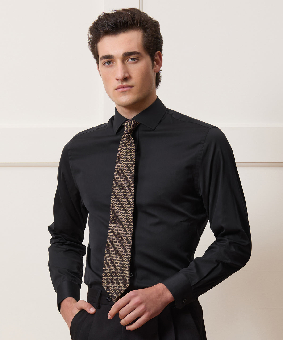 Slim Cotton-Silk Spread Collar Dress Shirt