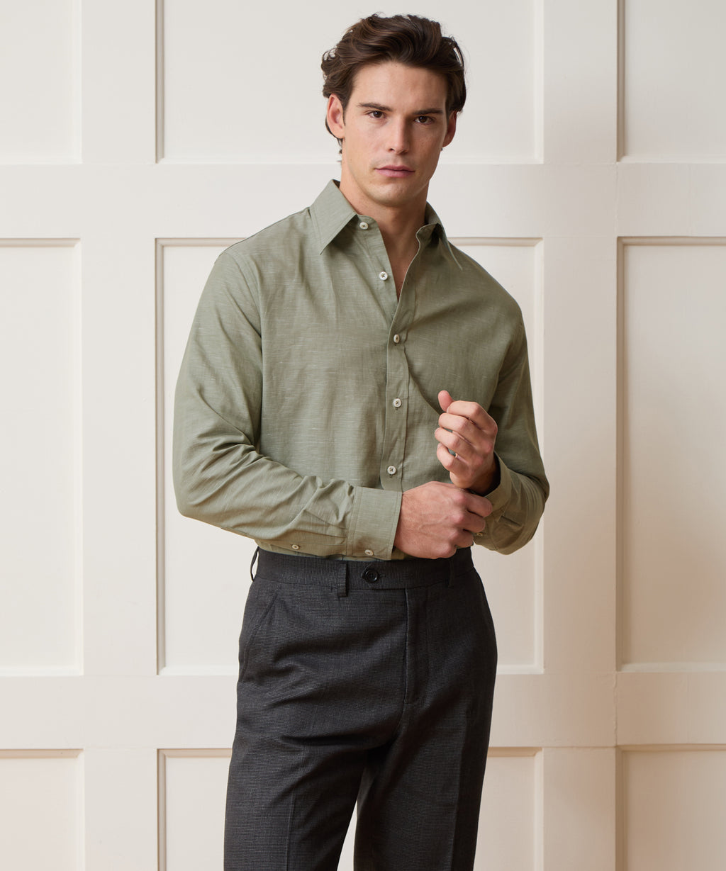 Italian Cotton-Linen Long Point Collar Dress Shirt