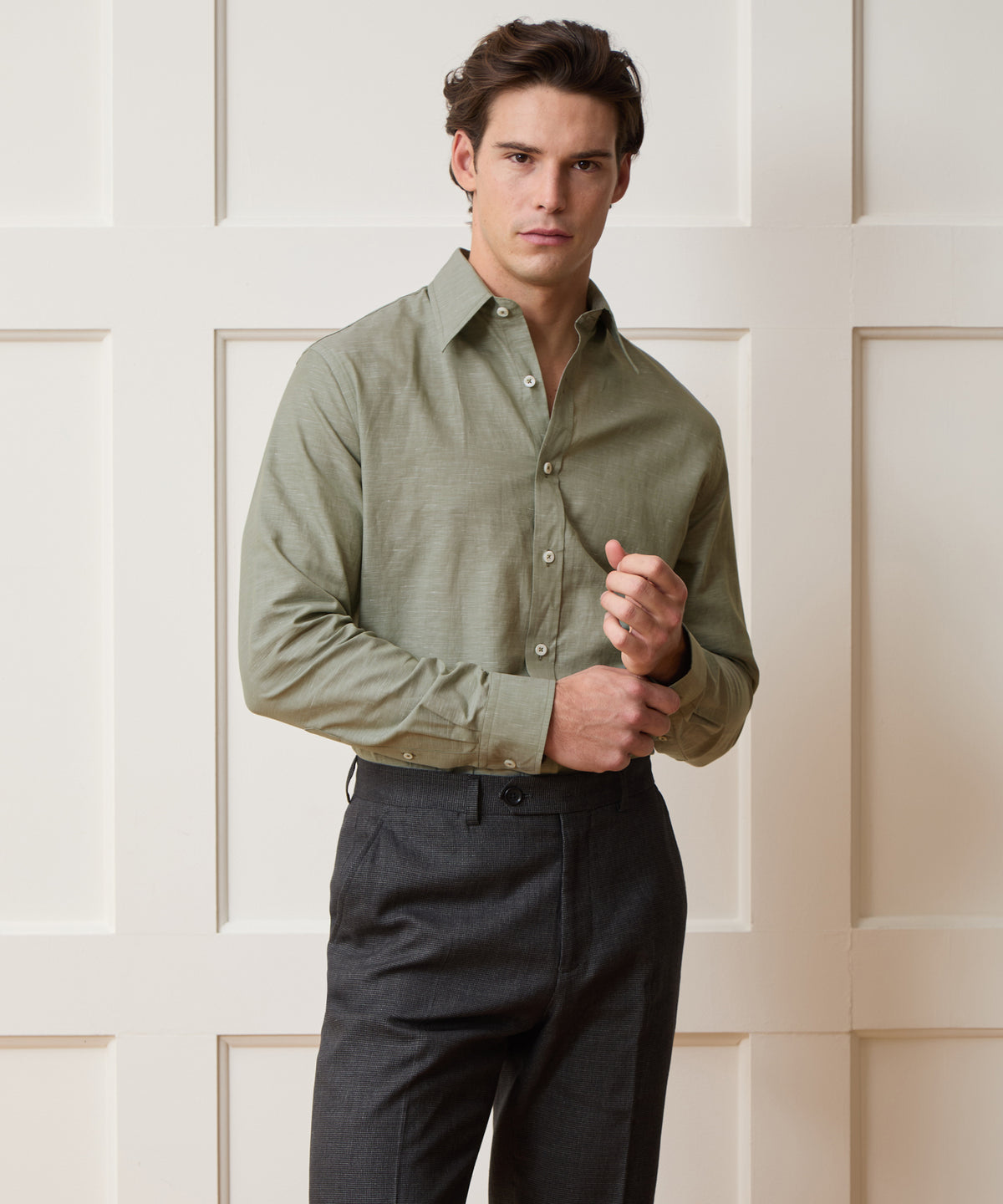 Italian Cotton-Linen Long Point Collar Dress Shirt