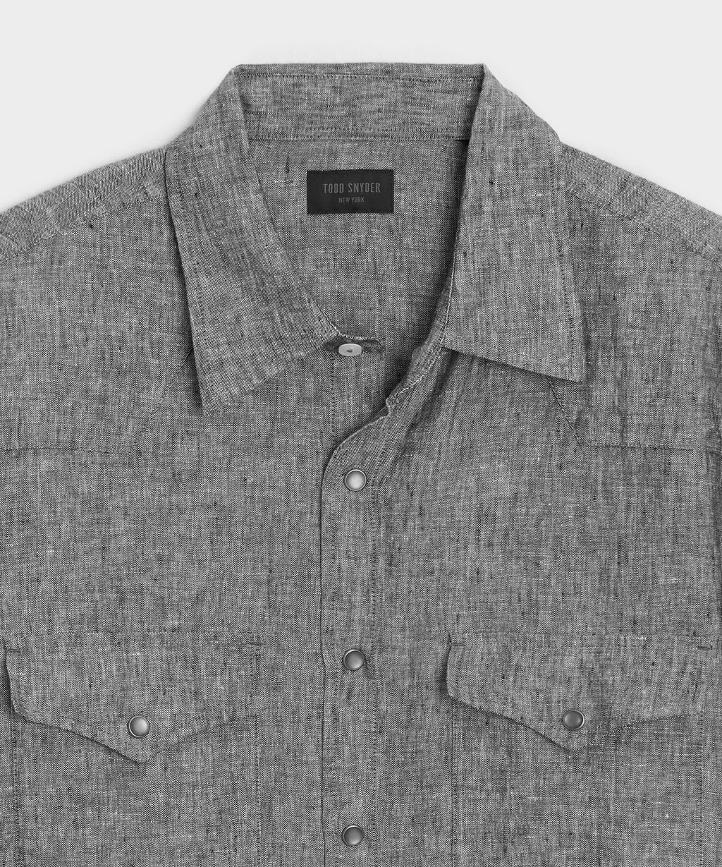 Close-up detail of the Todd Snyder Linen Western Shirt.