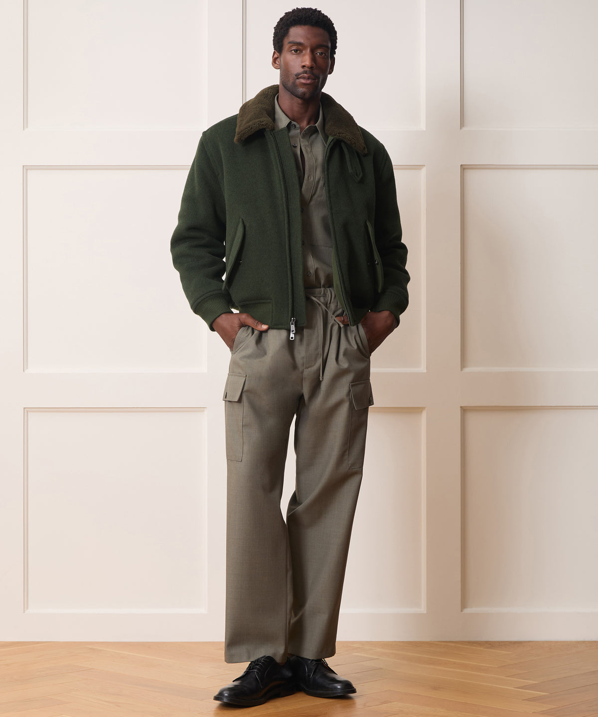 Shearling Collar Wool Bomber Jacket