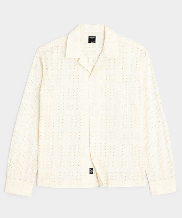 Cropped Embroidered Eyelet Camp Collar Shirt